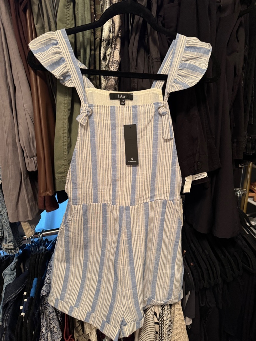 Lulu's Blue and White Striped Flutter-Strap Romper